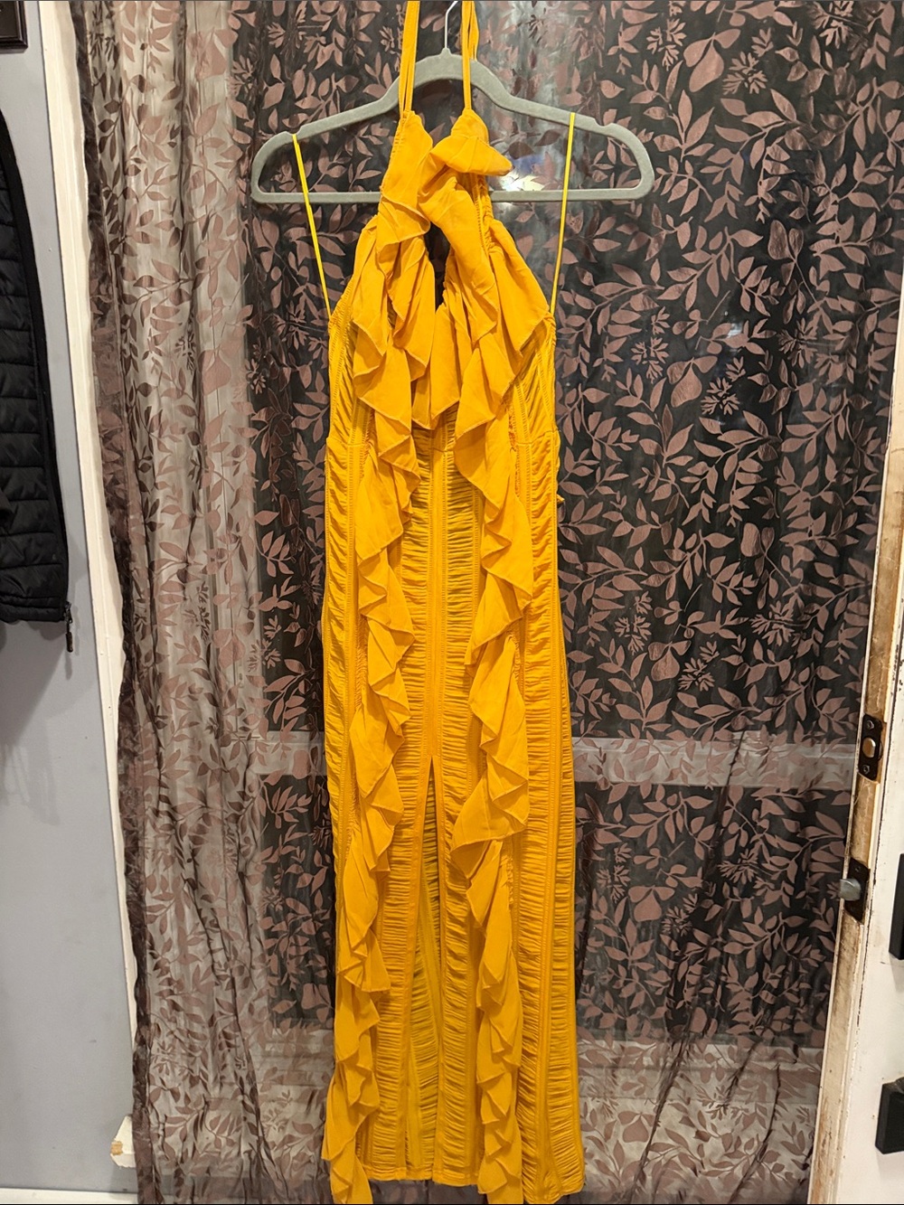 Fashion Nova Mustard Yellow Ruffle Halter Maxi Dress